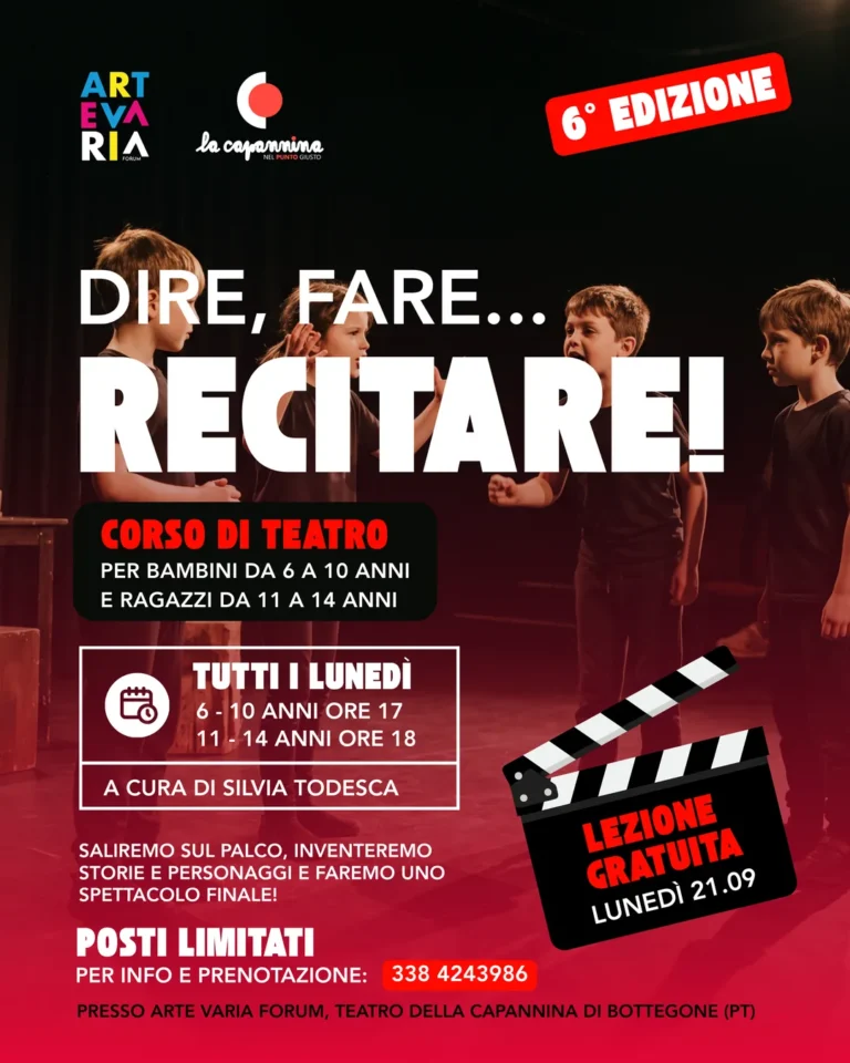 Locandina di Dire, fare… recitare!, corso di teatro per bambini e ragazzi all’ArteVaria Forum, 6ª edizione