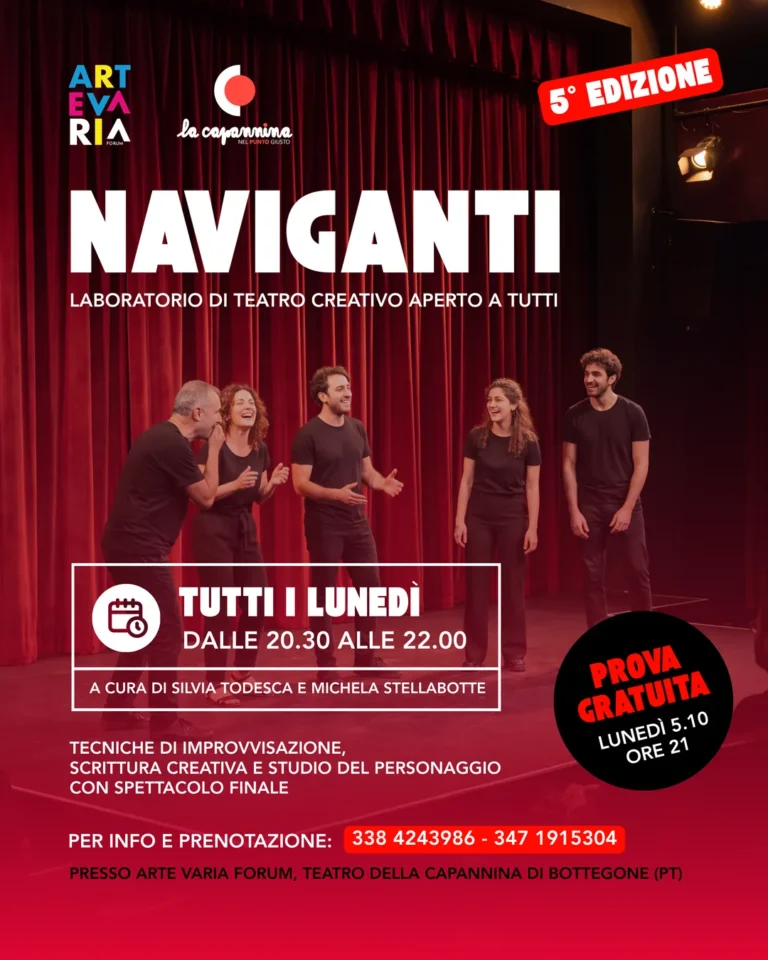 Locandina di Naviganti, laboratorio di teatro creativo aperto a tutti all’ArteVaria Forum, 5ª edizione